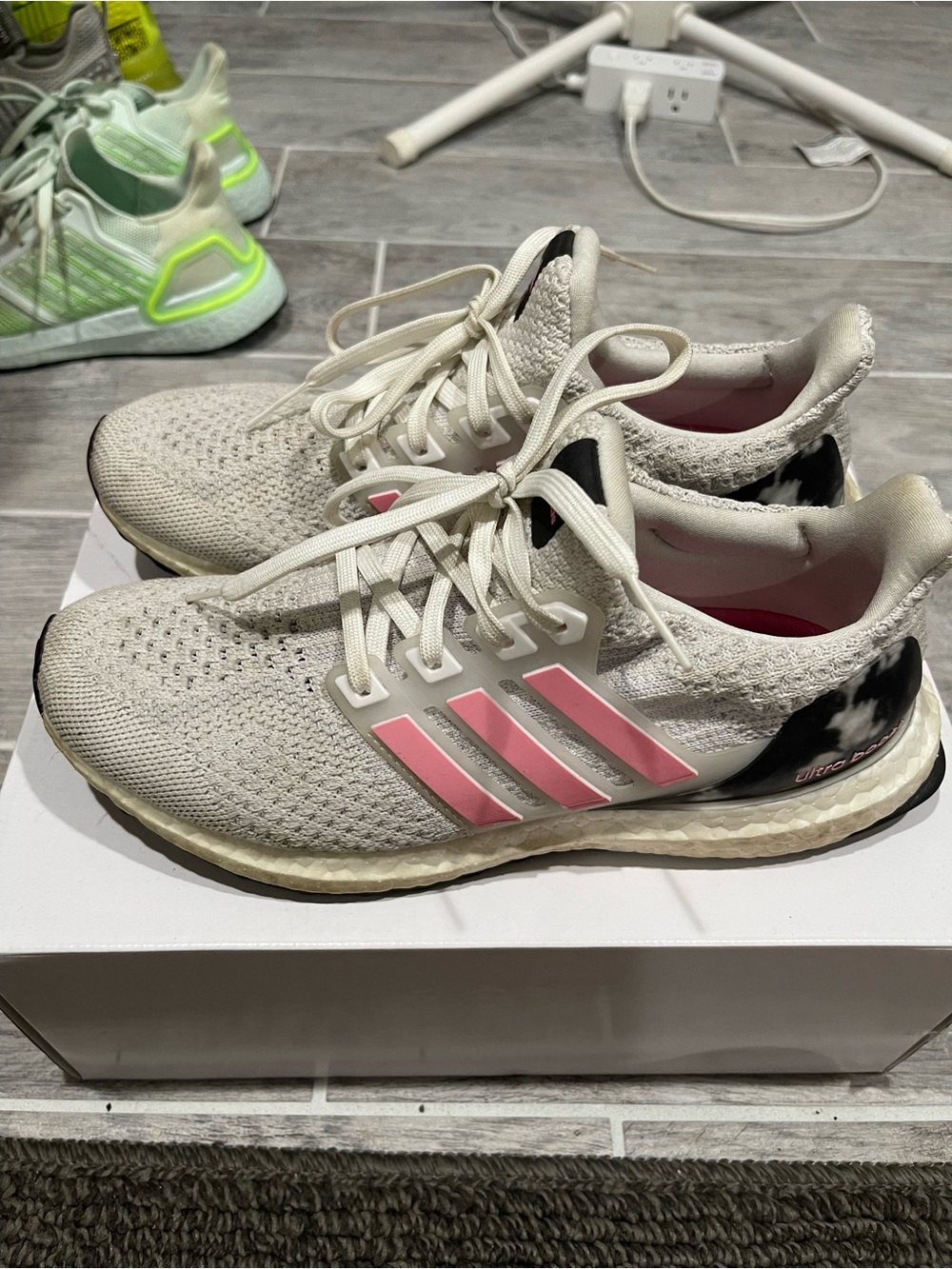 adidas Women’s Cream Knit Running Shoes with Pink Stripes